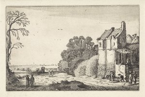 Figurer ved et hus og overdækkede vogne på en landevej Landskaber (serietitel) Amenissimae aliquot requculae (serietitel) af Jan van de Velde (II)