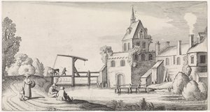 Figurer ved en vindebro til en landsby med et kirketårn Playsante landskaber og sjove ansigter (serietitel) af Jan van de Velde (II)