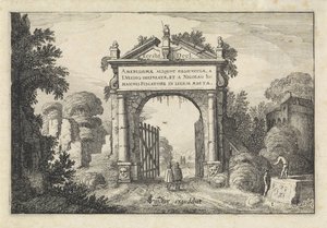 Figurer ved en port i et landskab Landskaber (serietitel) Amenissimae aliquot requculae (serietitel på objekt) af Jan van de Velde (II)