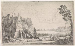 Figurer ved et faldefærdigt hus ved en flod Flodlandskaber (serietitel) af Jan van de Velde (II)