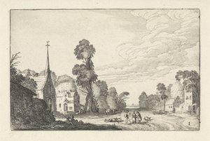 Figurer og kvæg i en landsby med en kirke Landskaber (serietitel) Amenissimae aliquot requculae (serietitel) af Jan van de Velde (II)