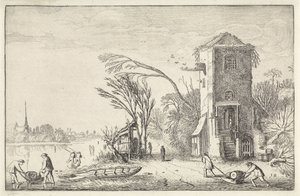 Figurer i et vinterlandskab med et tårn Landskaber (serietitel) Amenissimae aliquot requculae (serietitel) af Jan van de Velde (II)