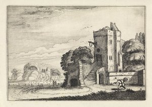 Figurer med en fuglekurv nær et tårn i et landskab Landskaber (serietitel) Amenissimae aliquot requculae (serietitel) af Jan van de Velde (II)