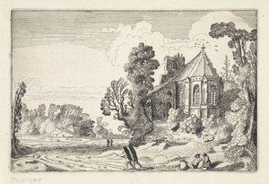 Figurer på en landevej nær en kirkeruin Landskaber (serietitel) Amenissimae aliquot requculae (serietitel) af Jan van de Velde (II)