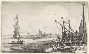 Havnehoved med fiskere, der trækker deres garn ind Seascapes (serietitel) af Jan van de Velde (II)