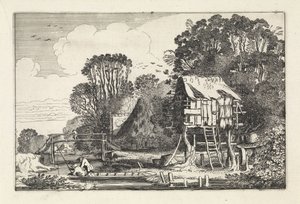 Lystfiskere i en båd nær en svalegang Landskaber (serietitel) Amenissimae aliquot requculae (serietitel) af Jan van de Velde (II)