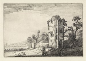 Hyrde nær et tårn med en brønd Landskaber (serietitel) Amenissimae aliquot requculae (serietitel) af Jan van de Velde (II)
