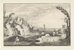 Overdækket vogn på en sti i et bjergrigt flodlandskab Landskaber (serietitel) Amenissimae aliquot requculae (serietitel) af Jan van de Velde (II)