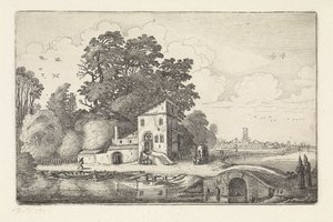 Hus ved en stenbro i et flodlandskab Landskaber (serietitel) Amenissimae aliquot requculae (serietitel) af Jan van de Velde (II)