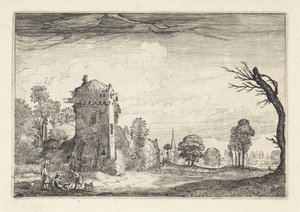 Jægere med hunde ved et tårn i et landskab Landskaber (serietitel) Amenissimae aliquot requculae (serietitel) af Jan van de Velde (II)
