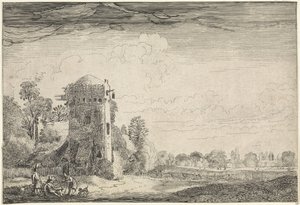 Jægere med hunde ved et tårn i et landskab Landskaber (serietitel) Amenissimae aliquot requculae (serietitel) af Jan van de Velde (II)