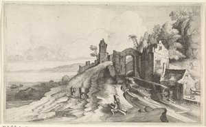 Kystlandskab med en vandmølle Seascapes (serietitel) af Jan van de Velde (II)