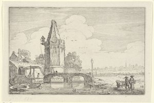Landskab med et tårn og en bro over floden Niers Landskaber (serietitel) Amenissimae aliquot requculae (serietitel) af Jan van de Velde (II)