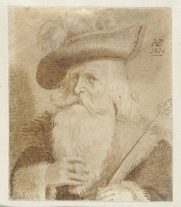 Mand med pelskrave, hat og stav af Jan van de Velde (II)