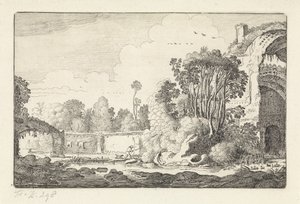 Mand med en hund ved en ruin Landskaber (serietitel) Amenissimae aliquot requculae (serietitel) af Jan van de Velde (II)