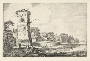 Pont med får ved et tårn i et flodlandskab Landskaber (serietitel) Amenissimae aliquot requculae (serietitel) af Jan van de Velde (II)