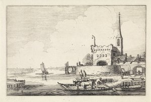 Pont med kvæg ved et fort i et flodlandskab Landskaber (serietitel) Amenissimae aliquot requculae (serietitel) af Jan van de Velde (II)