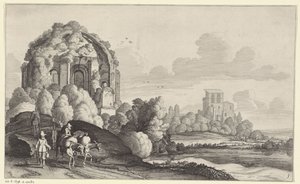 Rejsende ved Temple of Minerva Medica i Rom Landskaber efter Pieter de Molijn (serietitel) af Jan van de Velde (II)