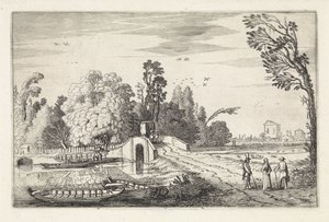 Flodlandskab med en stenbro Landskaber (serietitel) Amenissimae aliquot requculae (serietitel) af Jan van de Velde (II)