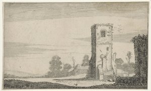 Ruïne af en toren i et landskab Ruiner (serietitel) (serietitel) af Jan van de Velde (II)
