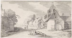 Bønder hviler langs en vej i en landsby Playsante landskaber og underholdende seværdigheder (serietitel) af Jan van de Velde (II)