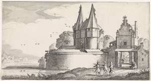 Soldater ved en fæstning og byport ved en flod Playsante landskaber og underholdende seværdigheder (serietitel) af Jan van de Velde (II)
