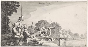 Soldater ved en kanon på en flodbro Playsante landskaber og sjove ansigter (serietitel) af Jan van de Velde (II)