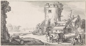 Soldater ved et tårn i et flodlandskab Playsante landskaber og underholdende seværdigheder (serietitel) af Jan van de Velde (II)