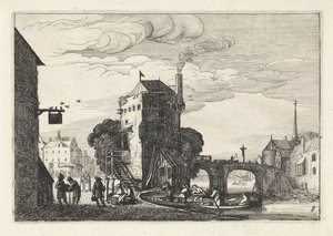 Bybillede med en bro over en flod Landskaber (serietitel) Amenissimae aliquot requculae (serietitel) af Jan van de Velde (II)