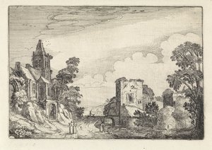 Tårn og en kirke i et landskab Amenissimae aliquot requculae (serietitel) Landskaber (serietitel) af Jan van de Velde (II)