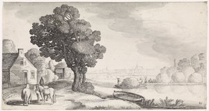 Høtransport på en flod med Haarlem i det fjerne Playsante landskaber og sjove ansigter (serietitel)