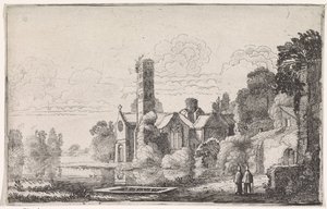 To munke ved et kloster i et flodlandskab Flodlandskaber (serietitel) af Jan van de Velde (II)