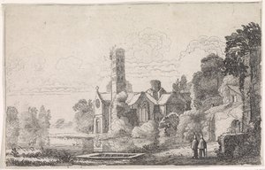 To munke ved et kloster i et flodlandskab Flodlandskaber (serietitel) af Jan van de Velde (II)