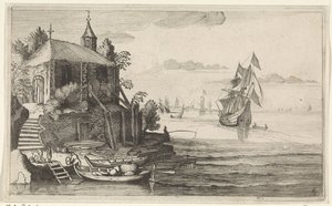 To-mester ved en kyst med et kapel Seascapes (serietitel) af Jan van de Velde (II)