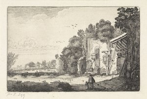 Kvinde med barn ved en ruin af et hus Landskaber (serietitel) Amenissimae aliquot requculae (serietitel) af Jan van de Velde (II)