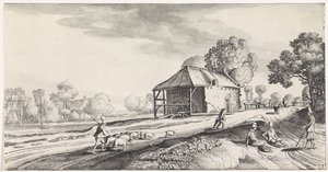 Vejgaffel ved en vandmølle Playsante landskaber og sjove ansigter (serietitel) af Jan van de Velde (II)