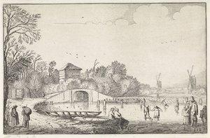 Vinterlandskab med skatere ved en bro Landskaber (serietitel) Amenissimae aliquot requculae (serietitel) af Jan van de Velde (II)