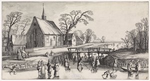 Vinterlandskab med skatere nær en landsby Playsante landskaber og sjove ansigter (serietitel) af Jan van de Velde (II)