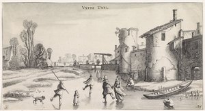 Vinterlandskab med skatere ved en bymur Behagelige landskaber og underholdende seværdigheder (serietitel) af Jan van de Velde (II)