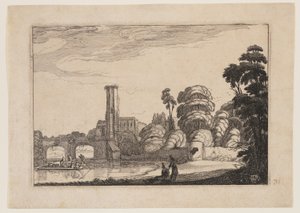 Færge foran en stenbro af Jan van de Velde II