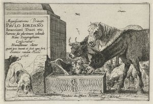 Dyr ved et springvand Titeltryk af en serie af tryk, der forestiller dyr Dyr (serietitel) Zoographiam (serietitel på objekt)