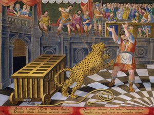 Den romerske kejser Commodus affyrer en pil for at undertrykke en leopard, der er undsluppet fra sit bur i arenaen, plade 14 fra 