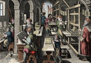 Trykkeri, c1600 - Holland, Trykning: til venstre bruger tegnene tegn, de forskellige stadier af forberedelsen af trykningen overvåges af en mestertrykker - Gravering fra "Nova Reperta" af Giovanni Stradano (Jan Van Der Straet) (Johanne)