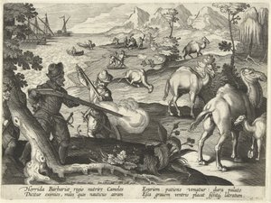 Sømænd i et rædselsfuldt barbarland dræber kameler med musketter for at lindre deres sult, illustration fra 
