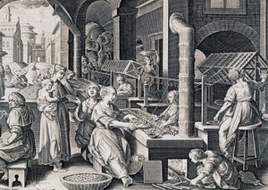 Vermis sericus, kvinder, der spinder silke og opvarmer silkeorme i brand, gravering af Stradanus (1523-1605), Italien af Jan van der Straet