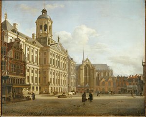 Dam Street og det nye rådhus i Amsterdam, Holland ... af Jan van der (manner of) Heyden