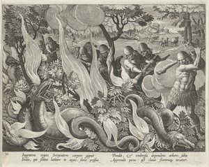 At fange slanger i Indien ved hjælp af køller og fakler til at tænde underskoven, tallerken 44 fra pubben Venationes Ferarum, Avium, Piscium (Of Hunting: Wild Beasts, Birds, Fish). 1640 af Jan van der 1523 1605 Straet
