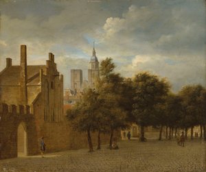 Et bybillede med personer, der promenerer, en kirke bagved af Jan van der Heyden