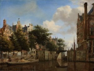 Amsterdam City View med huse på Herengracht og den gamle Haarlemmersluis, ca. 1670