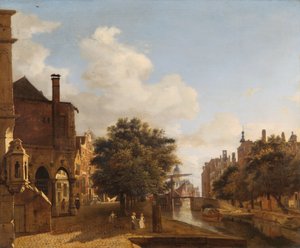Architectural Fantasy, med det gamle rådhus, Amsterdam ca. 1667-72 (olie på egetræspanel) af Jan van der Heyden